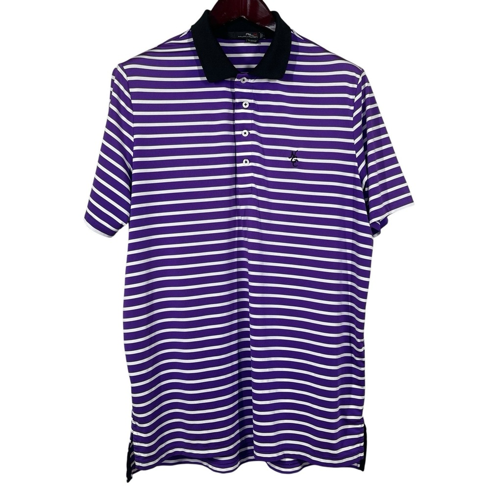 RLX Ralph Lauren Performance Polo Shirt Mens M Purple Stripes‎ Stretch Golf Logo